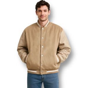Shein M Beige Faux Suede Varsity Bomber Jacket Oversized Retro Academia Preppy